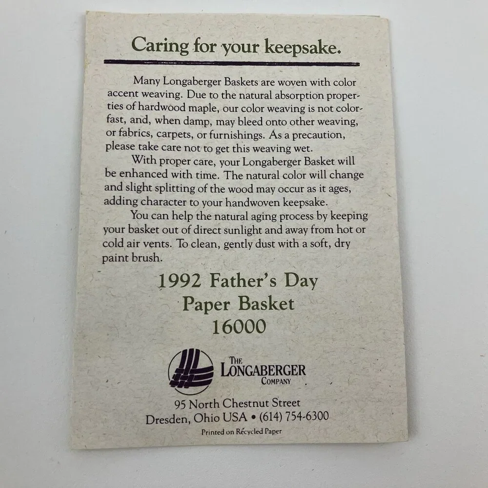 Longaberger Fathers Day Paper Basket 1992 | /w Liner & Protector VTG (16000)